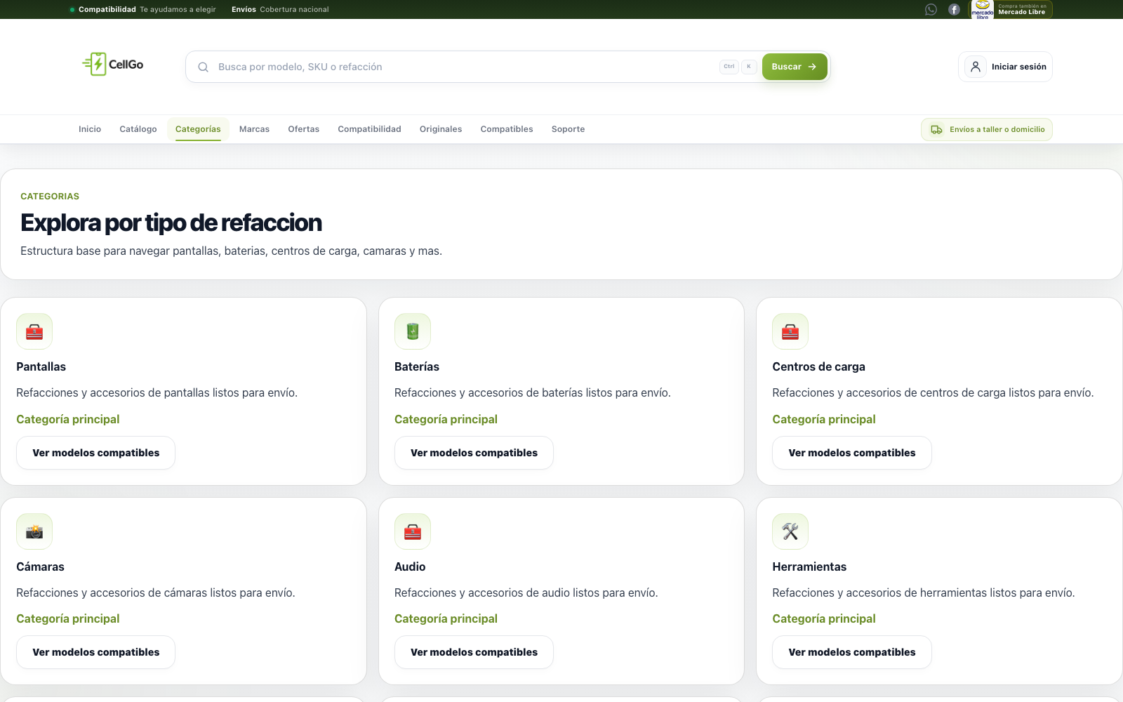 Categorías de refacciones en CellGo