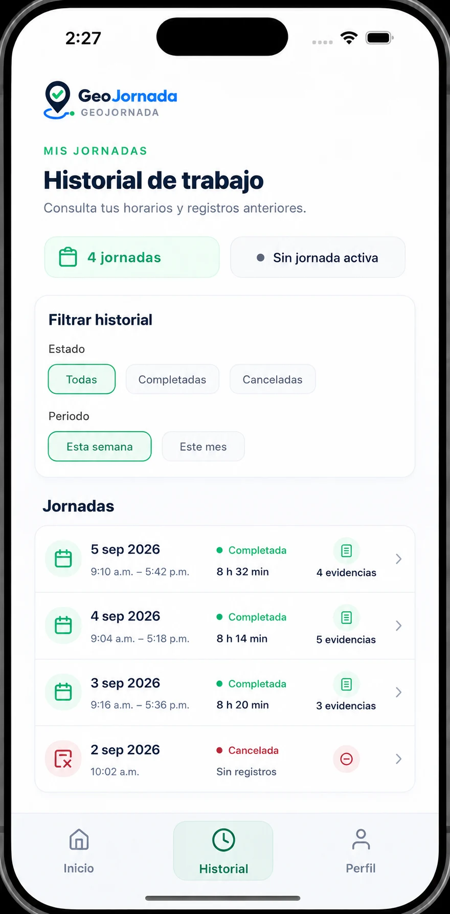 Historial móvil de jornadas