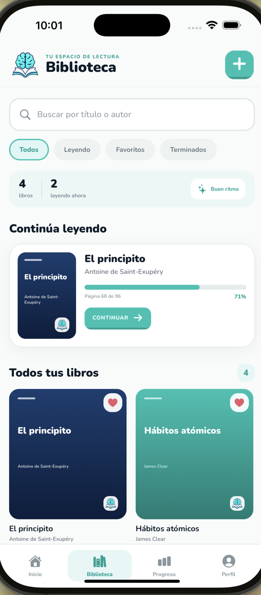 Biblioteca de LibreMente con libros y avance de lectura