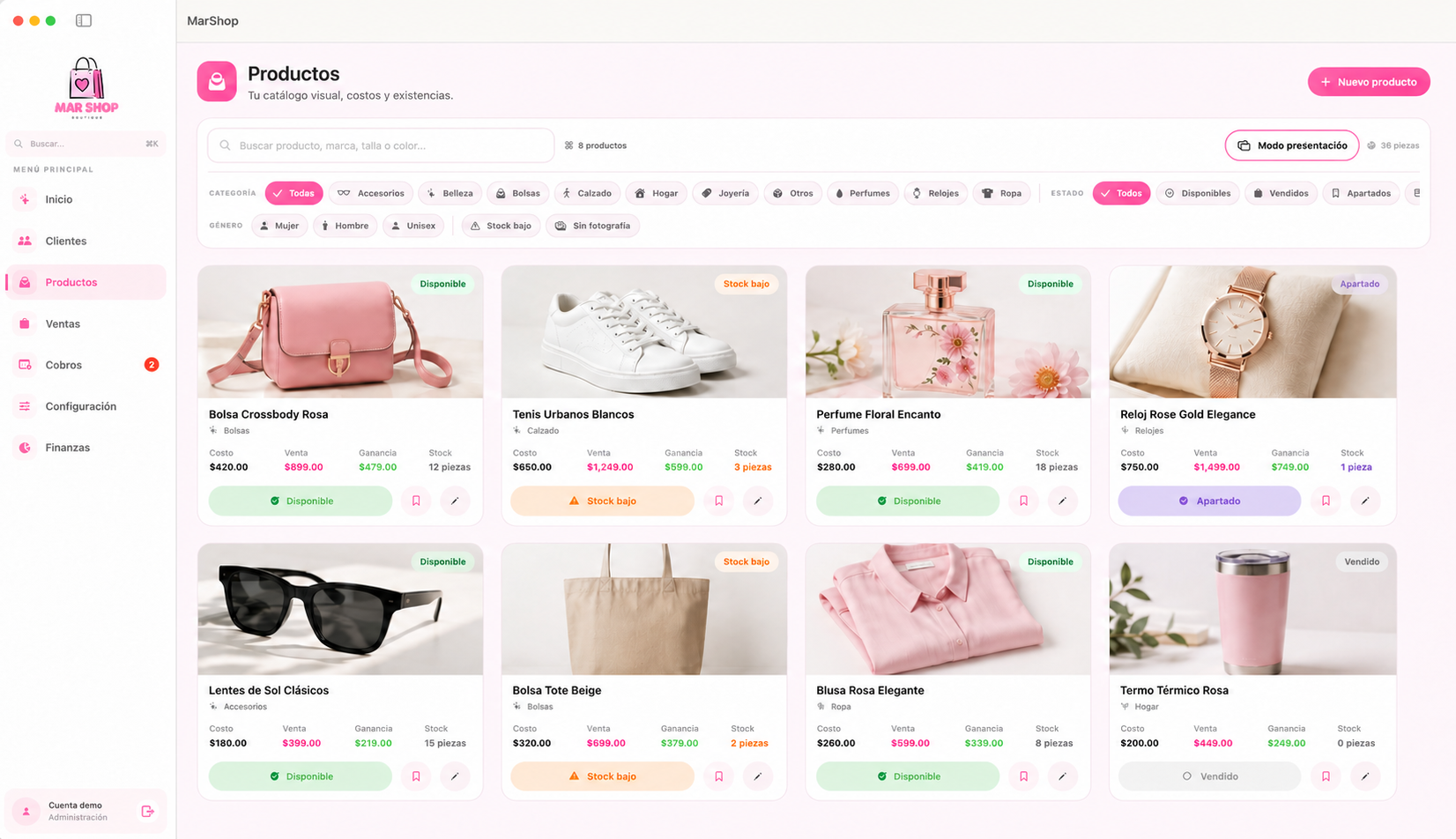 Aplicación MarShop con catálogo visual, inventario, ventas y cobranza