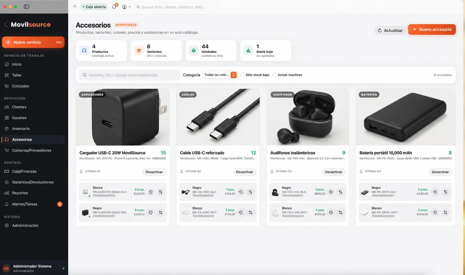 Inventario de accesorios