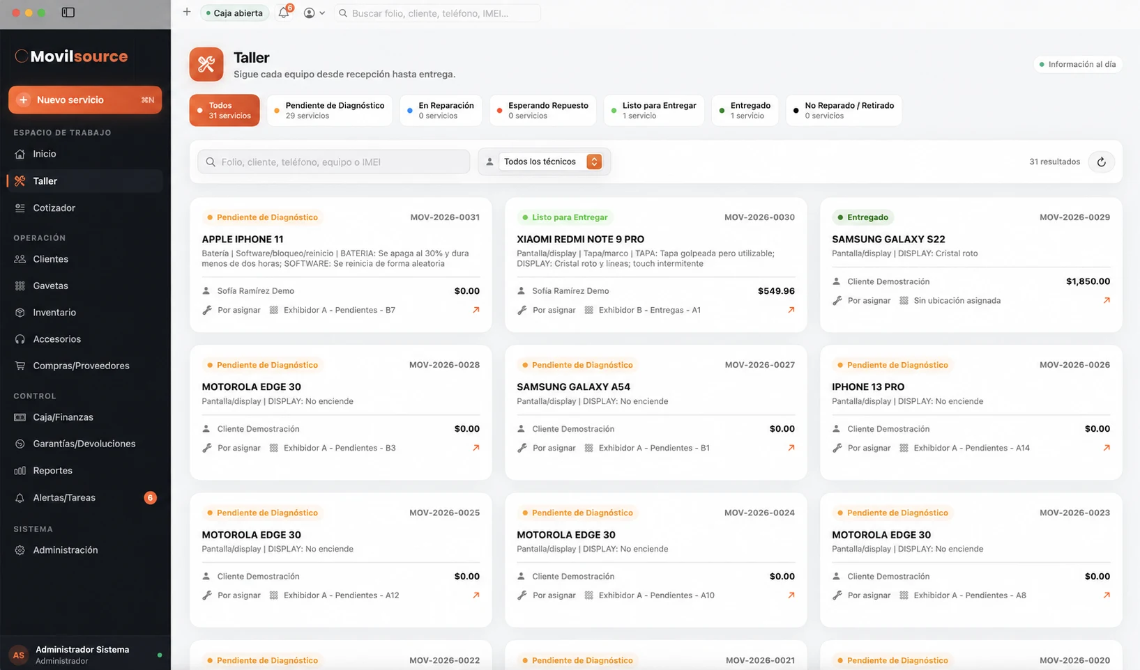 Tablero demostrativo del taller MovilSource