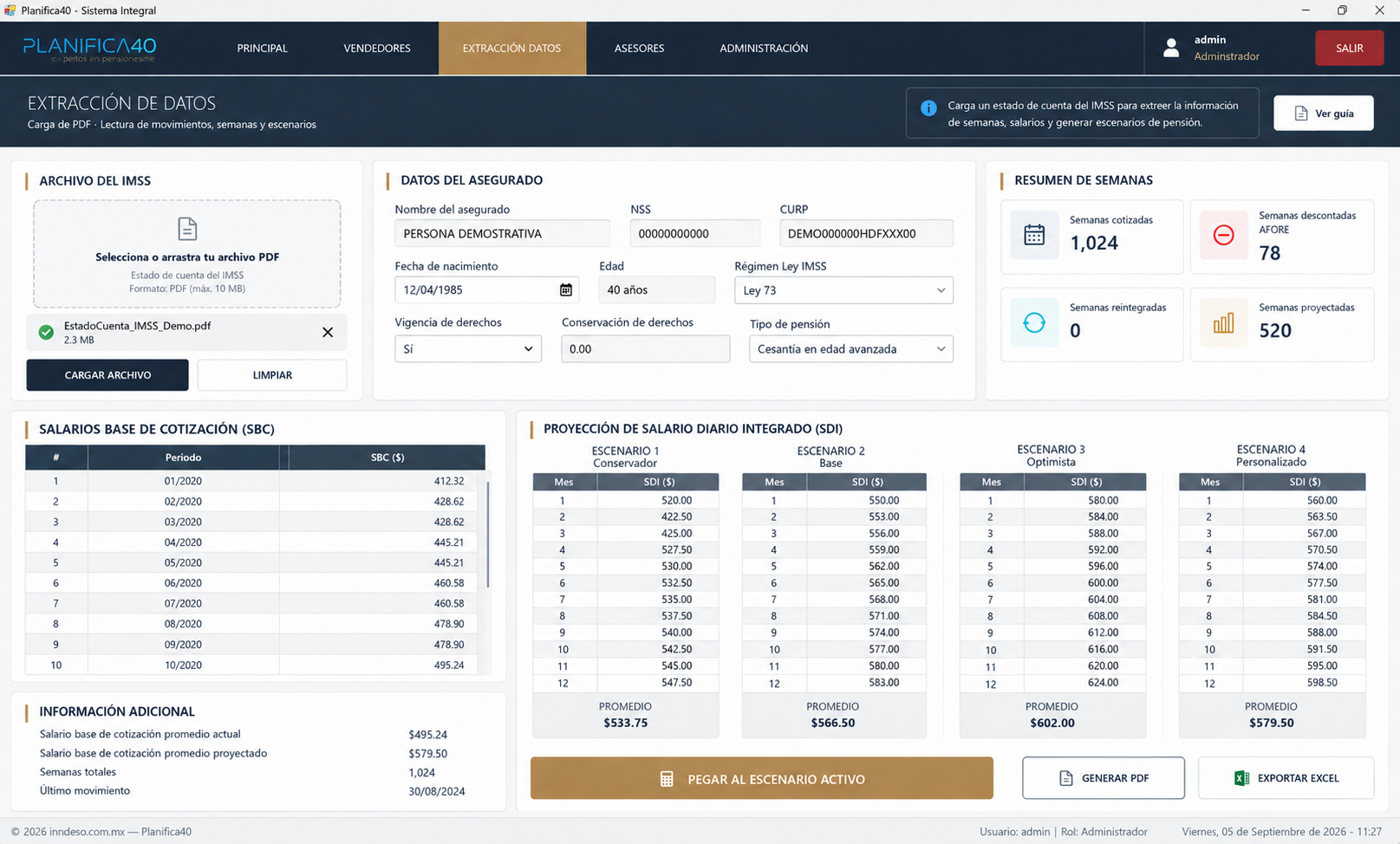 Aplicación Planifica40 con extracción de datos y escenarios de pensión anonimizados